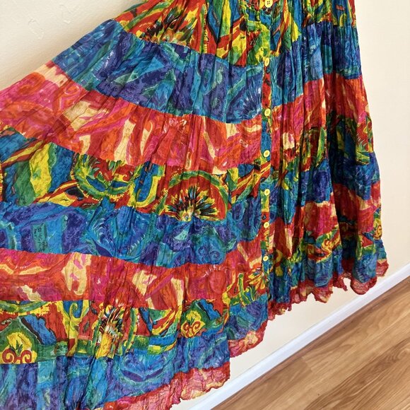 Vtg Phool Multicolor Sundress Full Button Front Cotton Midi Dress Tiered Medium - Picture 8 of 8